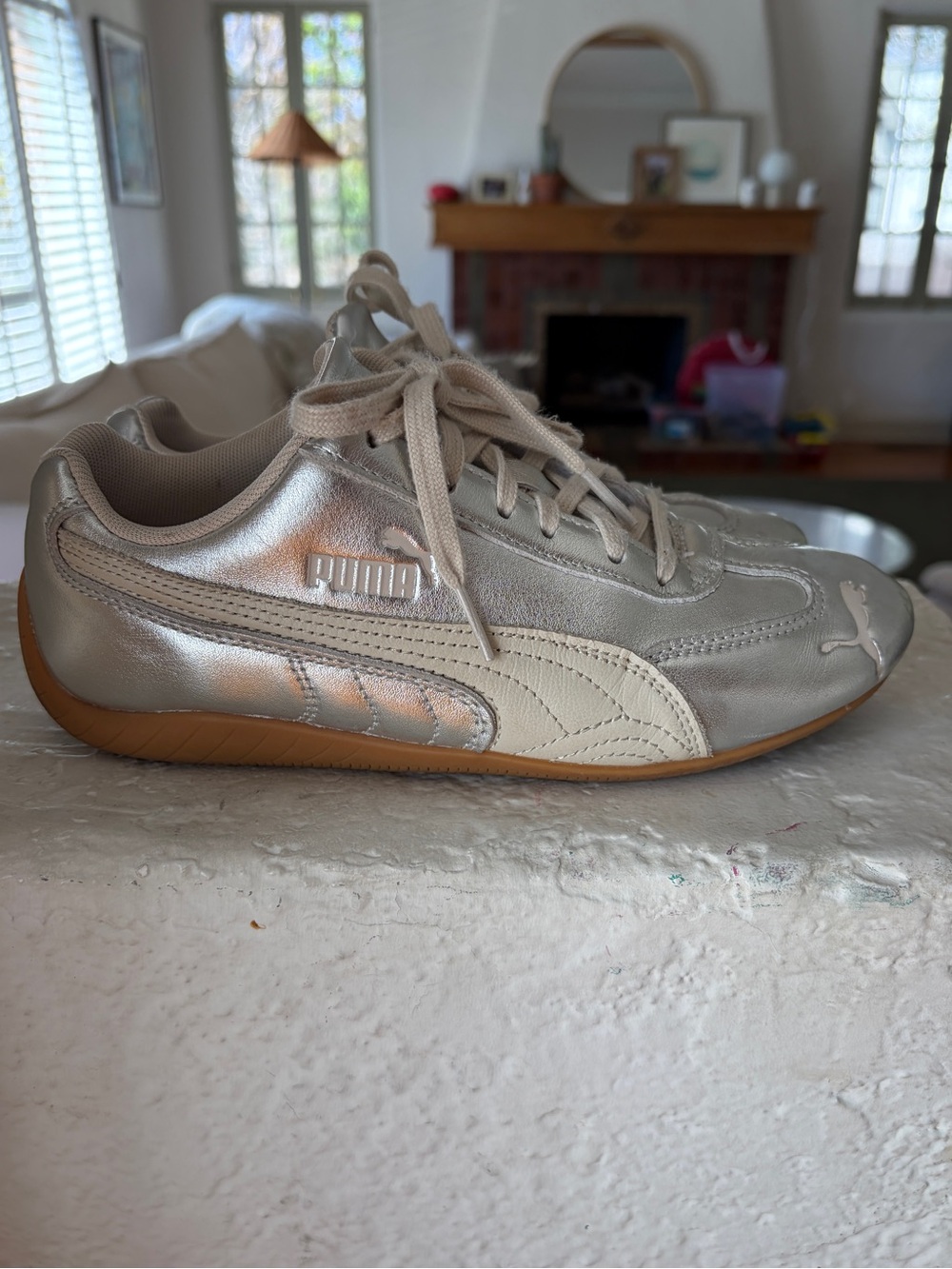 Puma Women's Silver Metallic Sneakers with Cream Stripe